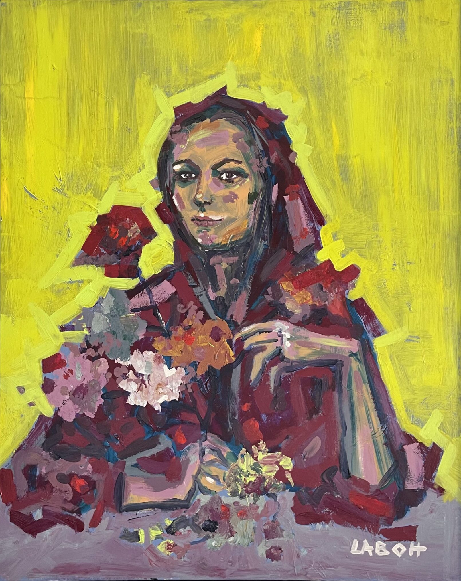 JOYOUS  80x100 cm, 31,5x39,4 inches, acrilico su tela di lino con cornice in legno wengè