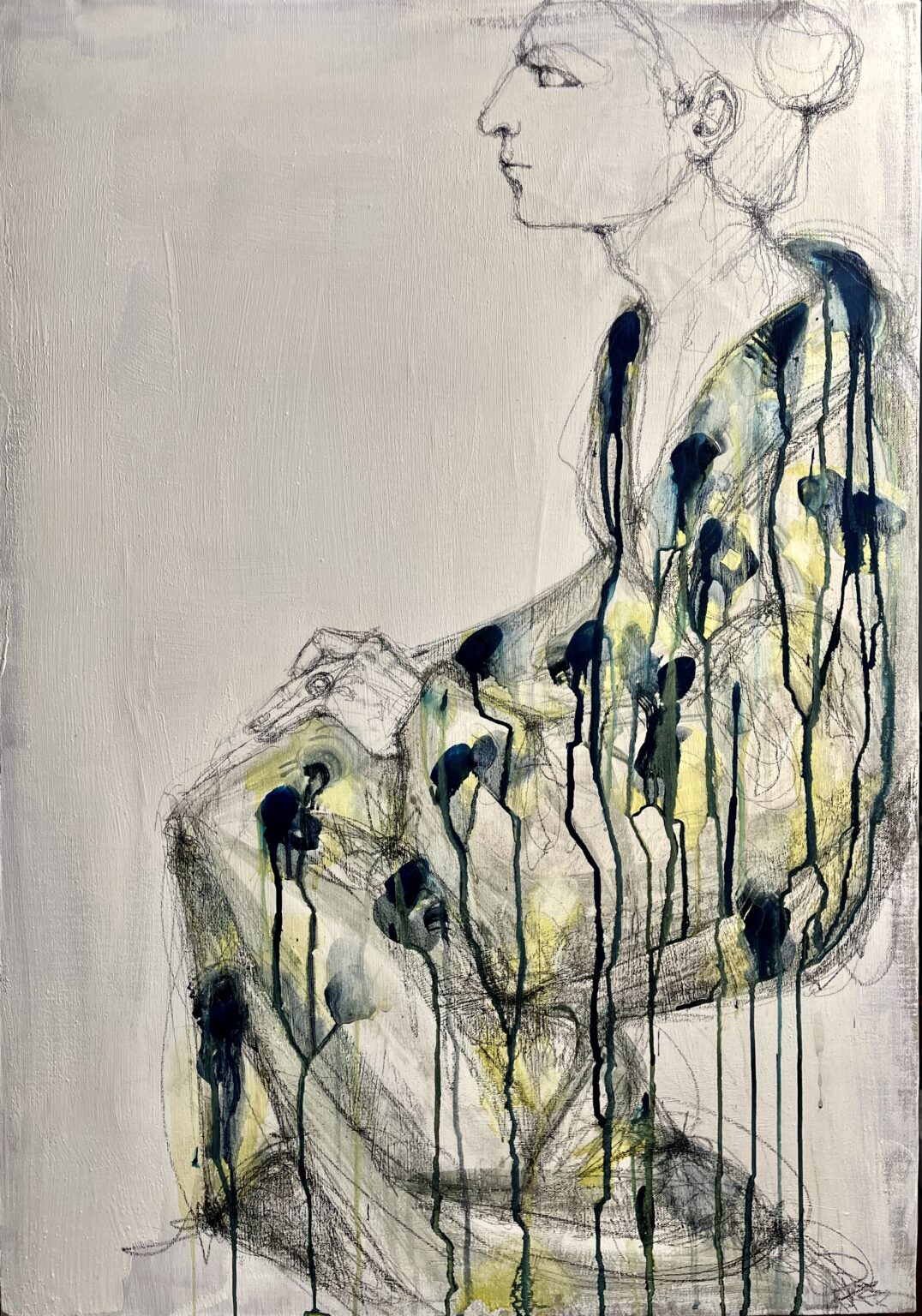 LA DONNA IN VESTAGLIA 70X100 cm, 27,5x39,4 inches, matita e acquarello su tela di lino