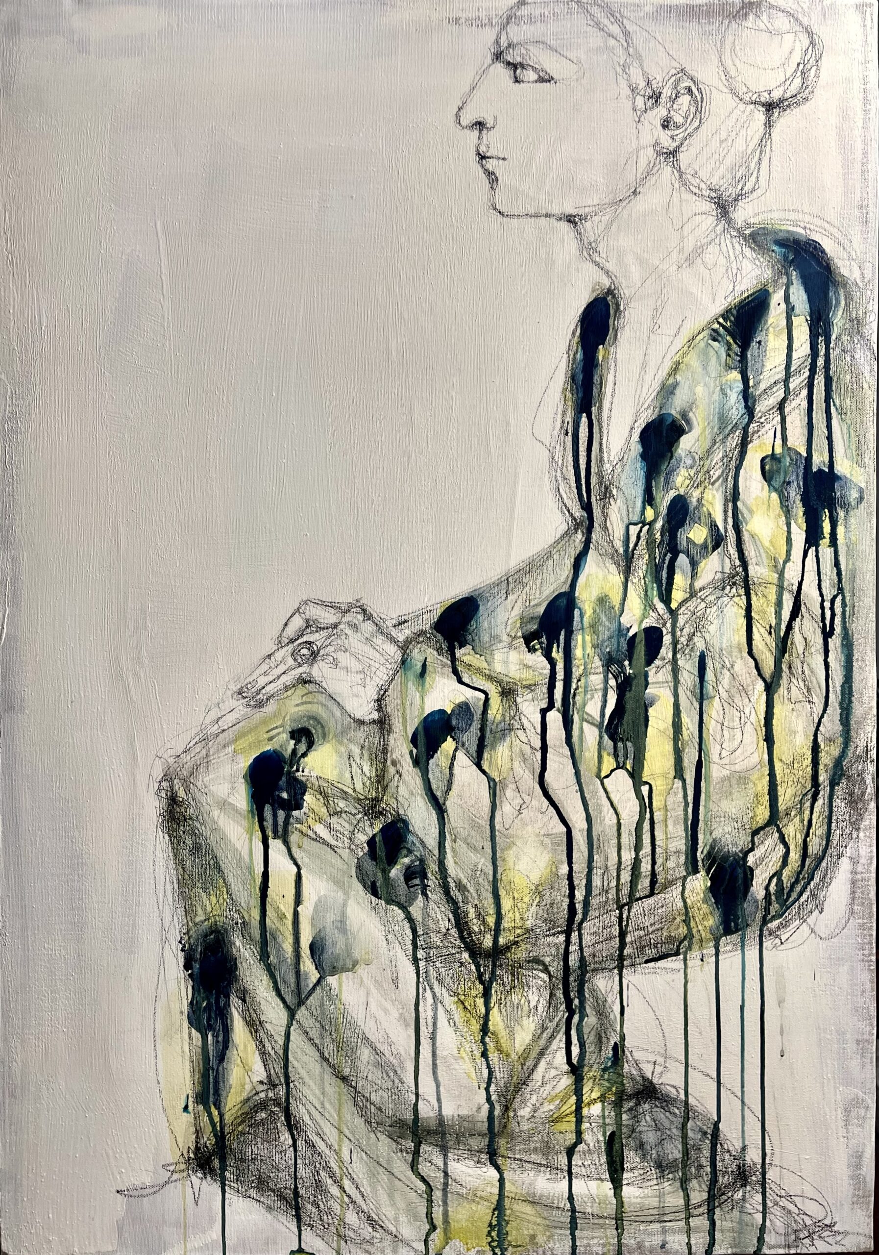 LA DONNA IN VESTAGLIA 70X100 cm, 27,5x39,4 inches, matita e acquarello su tela di lino