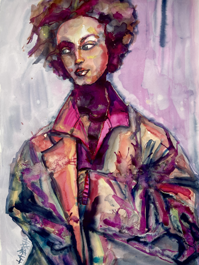 LA RAGAZZA CON IL CAPPOTTO 56x77 cm, 22x30,3 inches acquerello su carta di cotone