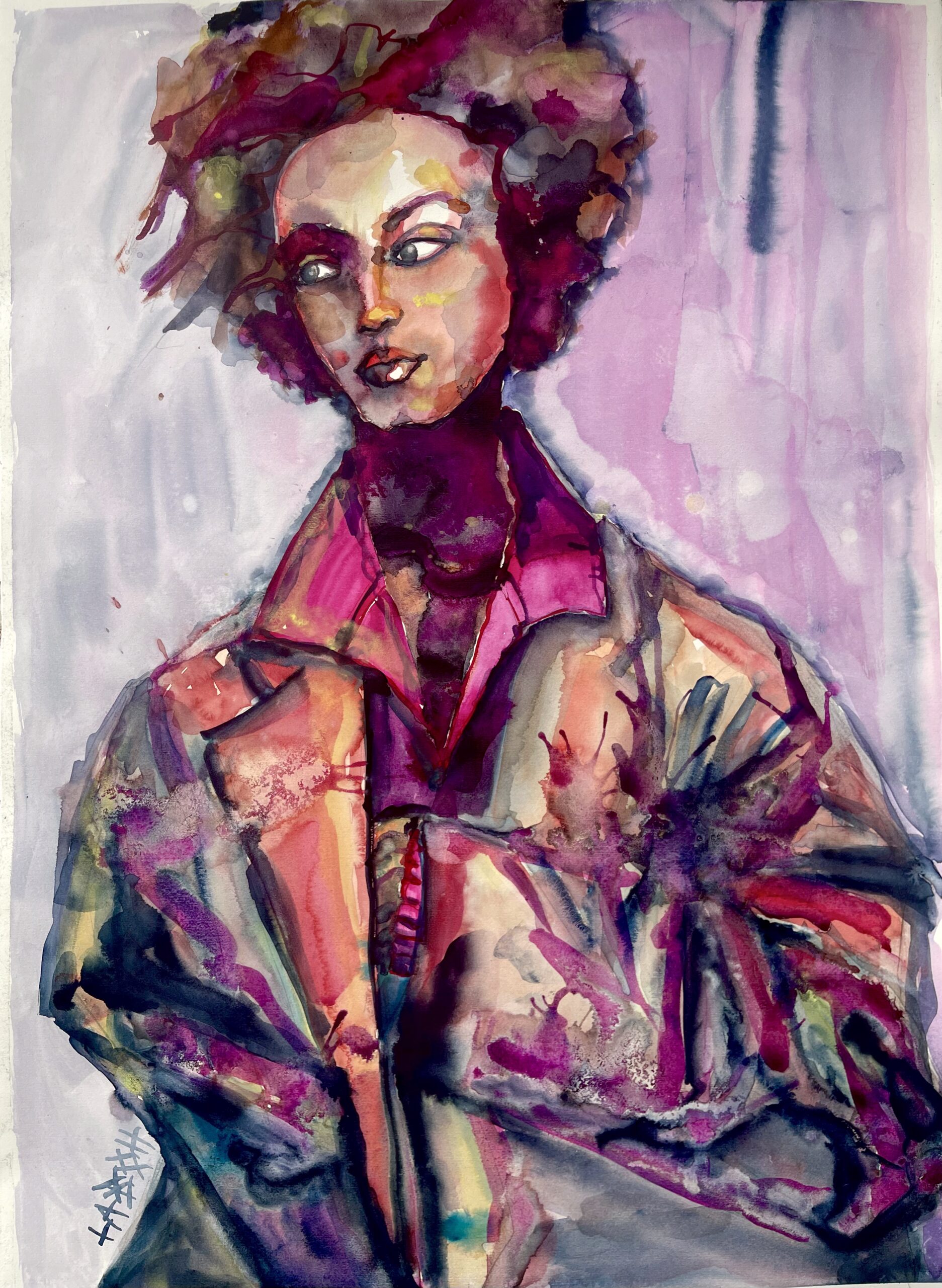 LA RAGAZZA CON IL CAPPOTTO 56x77 cm, 22x30,3 inches acquerello su carta di cotone