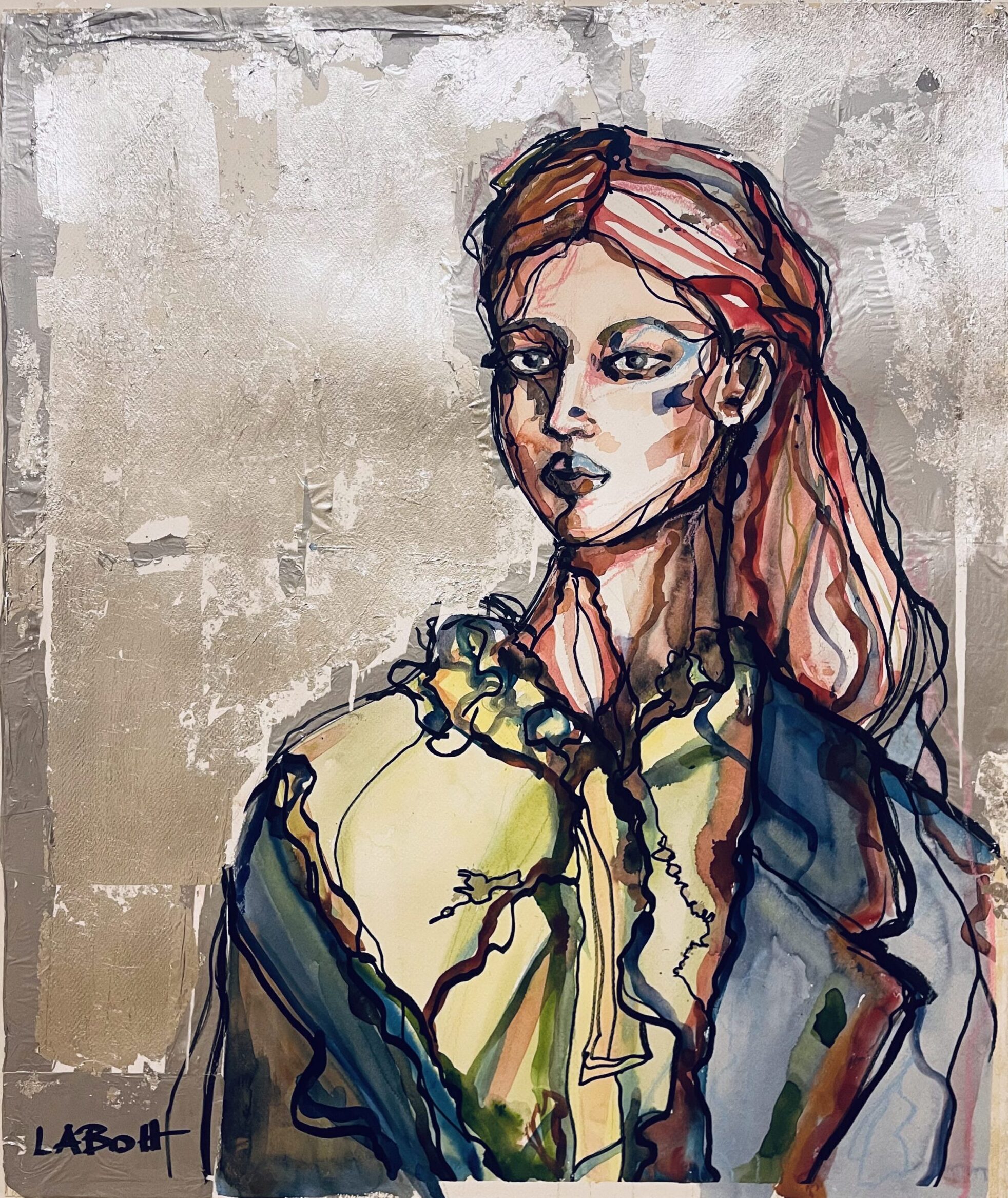 LA RAGAZZA E L'ARGENTO, 80X90 cm con cornice, tecnica mista su carta